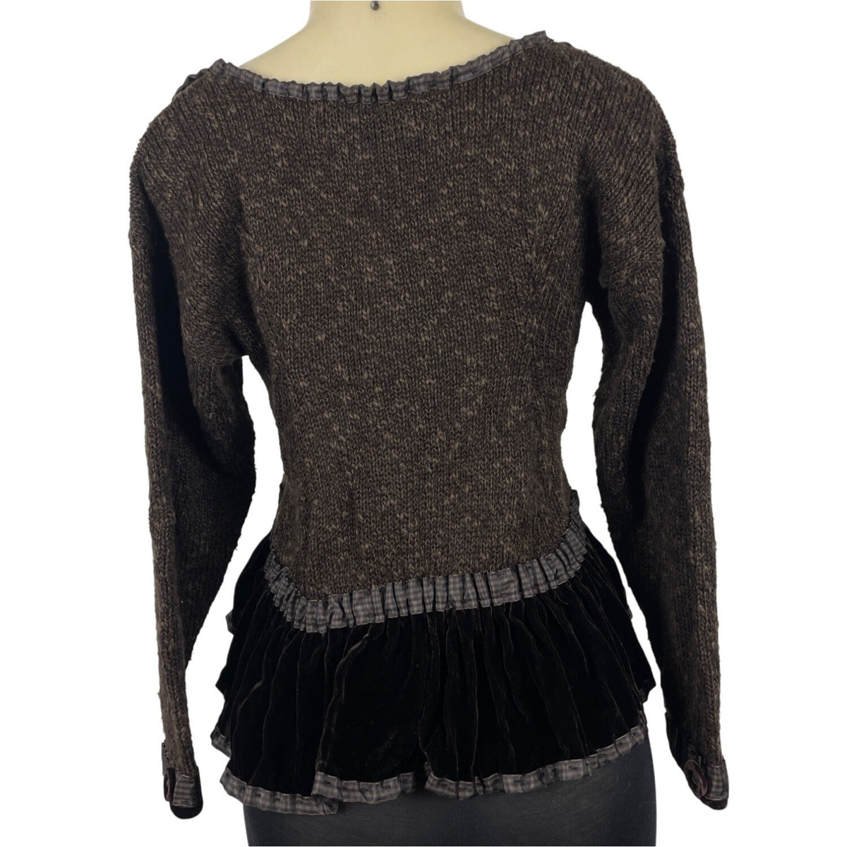 Vintage Hot Knots Button-Up Sweater Jacket With Velvet Trim & Peplum Hem