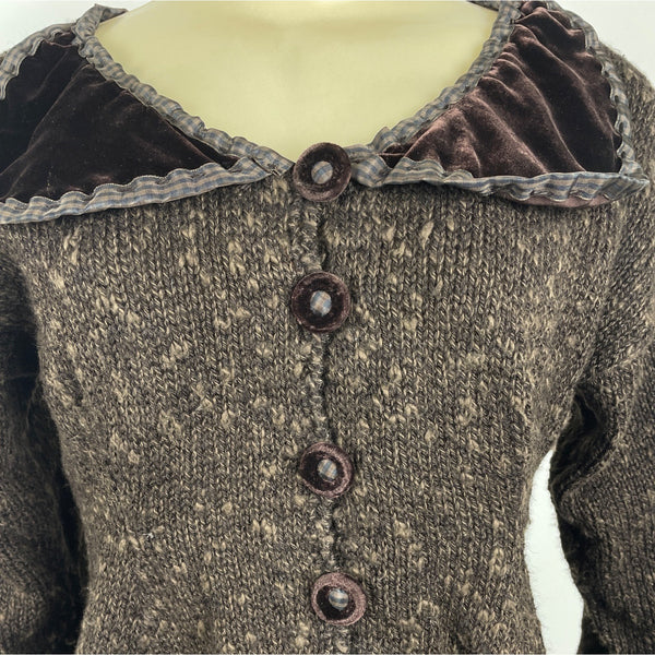 Vintage Hot Knots Button-Up Sweater Jacket With Velvet Trim & Peplum Hem