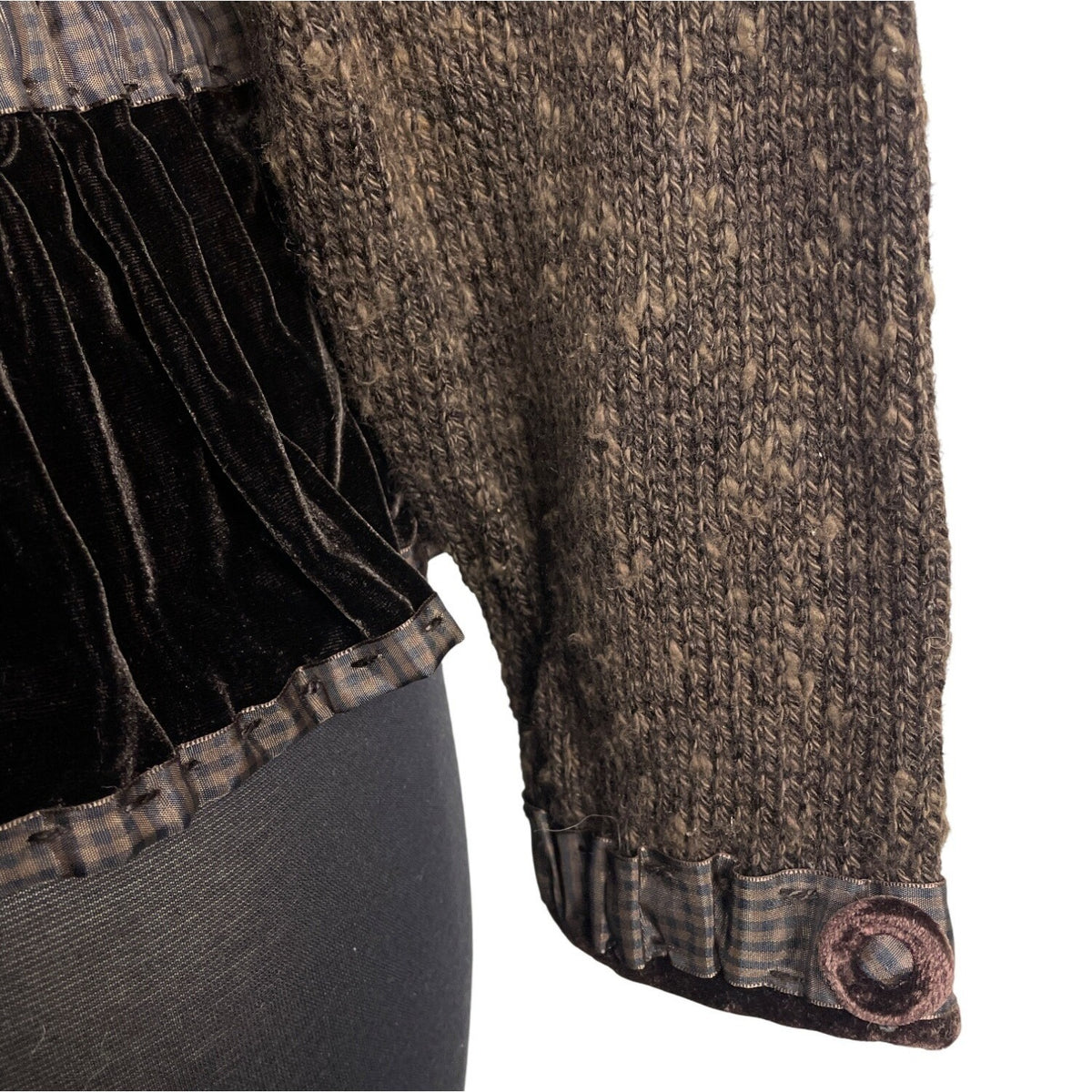 Vintage Hot Knots Button-Up Sweater Jacket With Velvet Trim & Peplum Hem