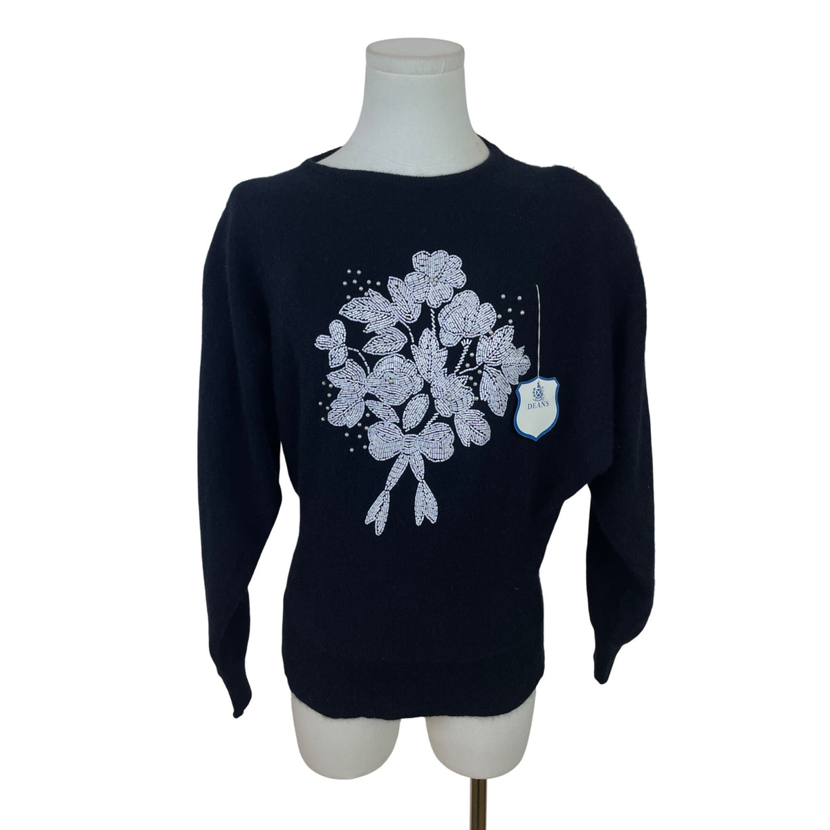 Vintage Designed By Deans Women's Black Beaded Floral Sweater Pullover Size M