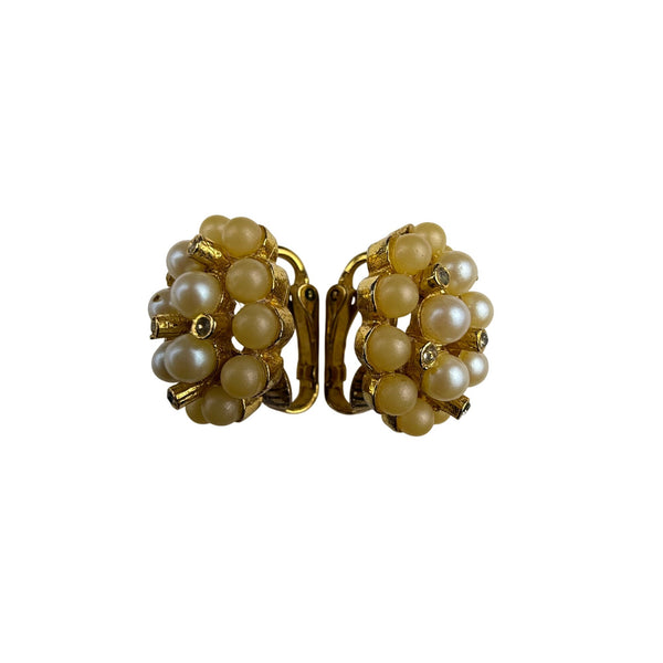 Gold Tone Clip-On Earrings With Faux Pearls & Rhinestones Cluster Design Vintage