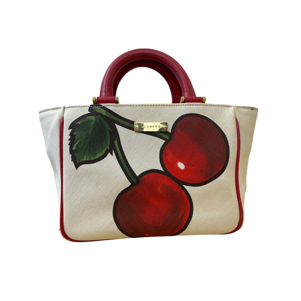 Iceberg Womens Cream/Red Canvas & Leather Cherry Print Tote Bag Medium