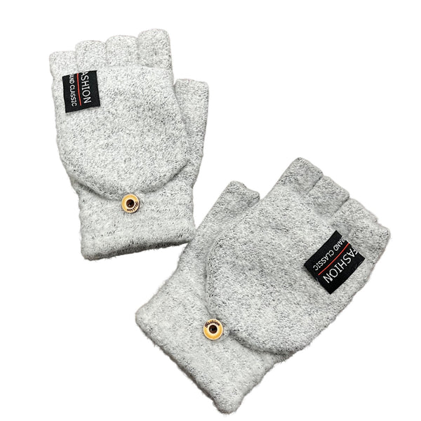 Fashion Brand Classic Unisex Light Gray Wool Blend Convertible Fingerless Gloves With Button Closure