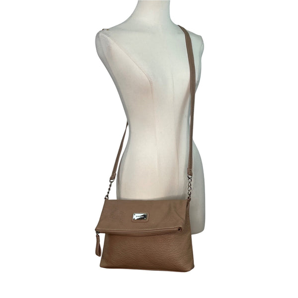Nine West Taupe Faux Leather Fold-Over Flap Crossbody Bag Sz M