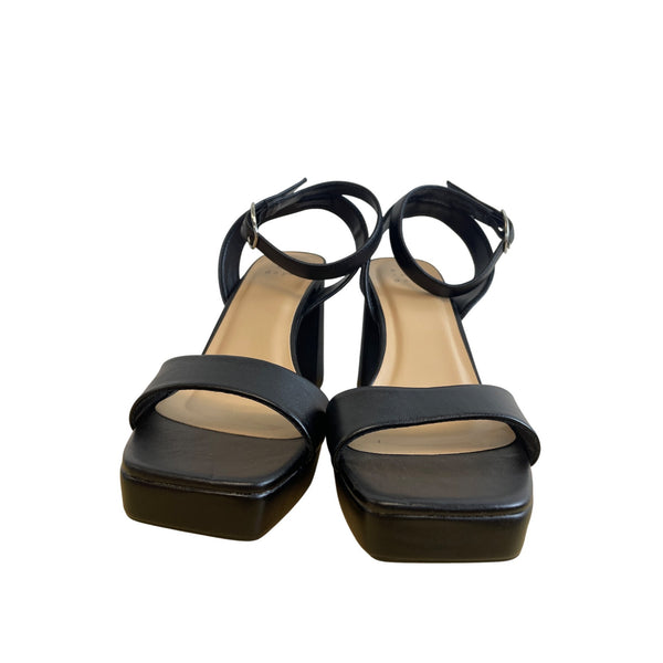 A New Day Black Faux Leather Ankle Strap Platform Heels Square Toe Block Size 8