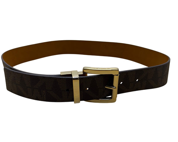 Michael Kors Women's Reversible Tan/Brown Synthetic Leather Logo Belt Small Gold Buckle