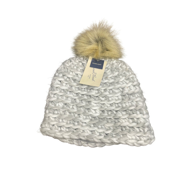 Hand-Knit Womens Winter Beanie With Faux Fur Pom Cream Heather Chunky Warm Soft