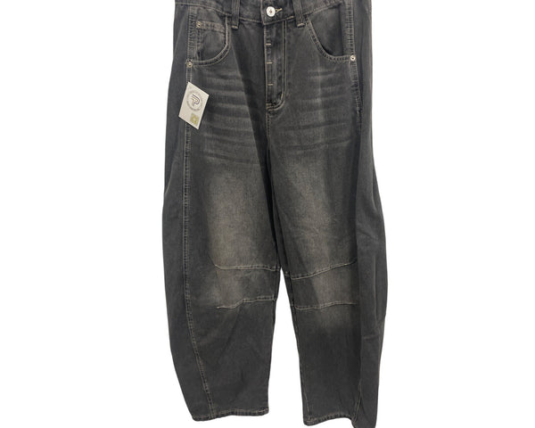 Vintage Washed Black Denim Wide-Leg Jeans With Decorative Stitching & Pockets