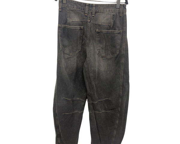 Vintage Washed Black Denim Wide-Leg Jeans With Decorative Stitching & Pockets