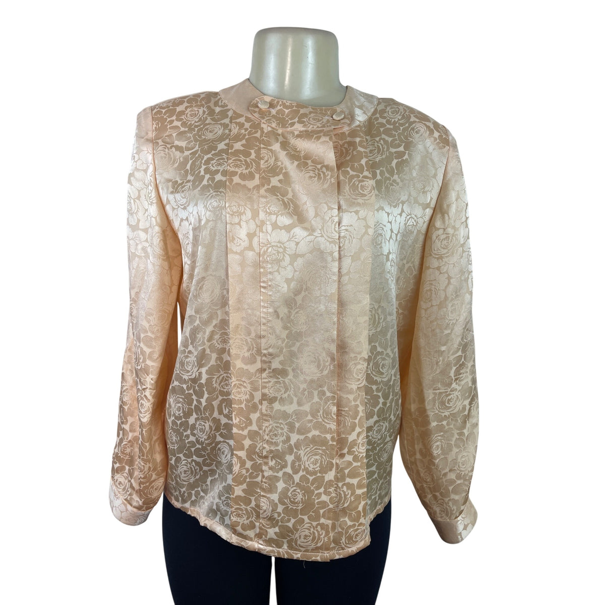 Vtg Michael's Women’s Peach Floral Satin Blouse Button Accents Long Sleeves
