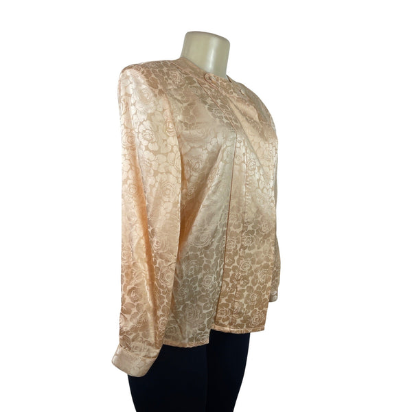 Vtg Michael's Women’s Peach Floral Satin Blouse Button Accents Long Sleeves