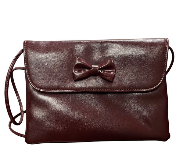 Vintage Womens Burgundy Faux Leather Crossbody Bag With Bow Accent