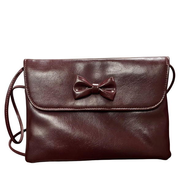 Vintage Womens Burgundy Faux Leather Crossbody Bag With Bow Accent