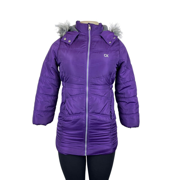 Calvin Klein Womens Purple Puffer Jacket With Faux Fur Hood & Side Pockets Sz S