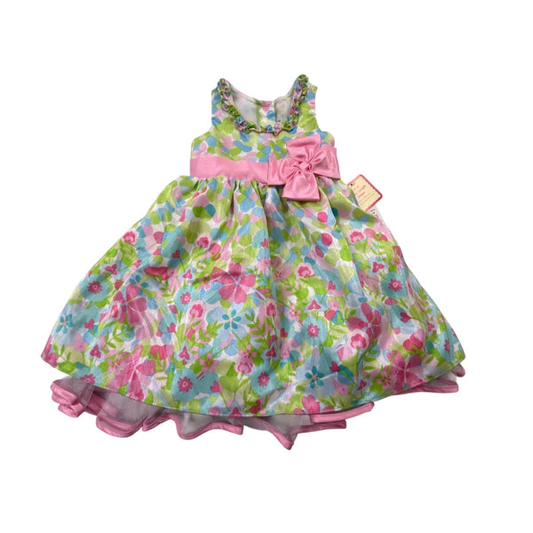 Jona Michelle Girls Pink & Green Floral Knee-Length Dress Sz 4T - New