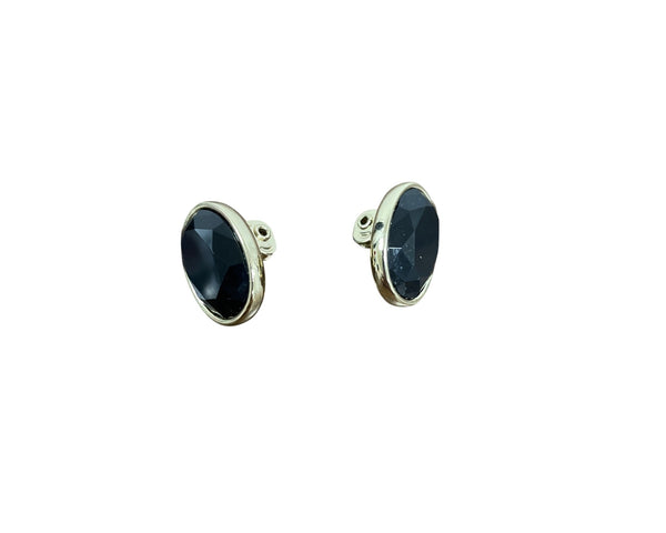 Vintage Monet Clip-On Black Stone Earrings Silver Tone Oval Design