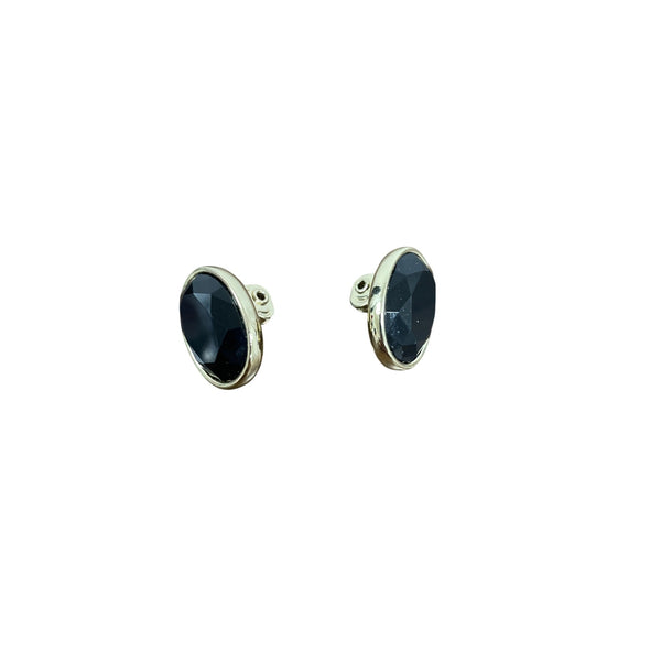 Vintage Monet Clip-On Black Stone Earrings Silver Tone Oval Design