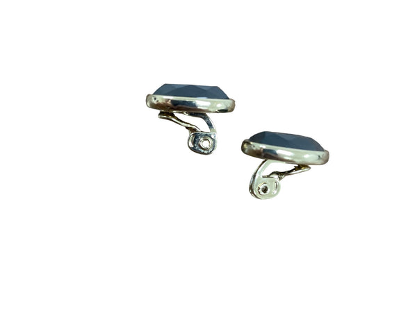 Vintage Monet Clip-On Black Stone Earrings Silver Tone Oval Design