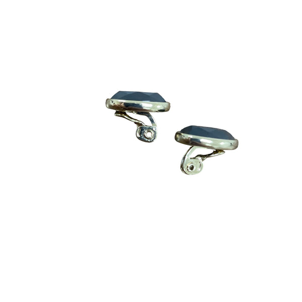 Vintage Monet Clip-On Black Stone Earrings Silver Tone Oval Design