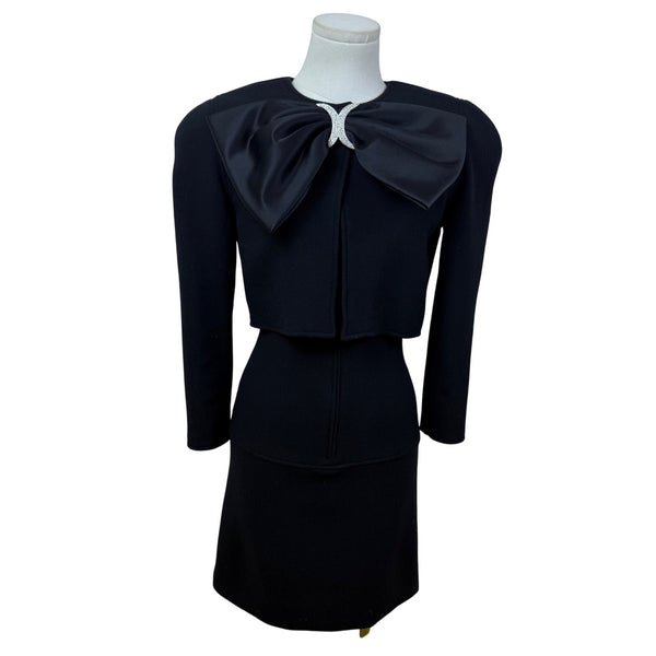 Vintage Oscar De La Renta Black Satin Bow Long Sleeve Cocktail Dress Size 4