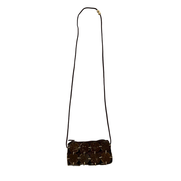Brown Coconut Shell Crossbody Bag Adjustable Strap Boho Rustic Handmade Small Pouch