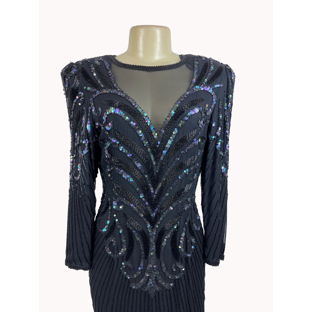Vintage 80s A. J. Bari Women's Sequin Long Sleeve Black Dress Sz 10