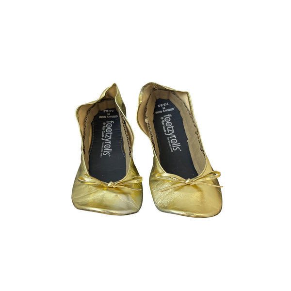 Footzyrolls Womens Gold Ballet Flats Glittery Foldable Slip-On Shoes Size M 7.5-8.5
