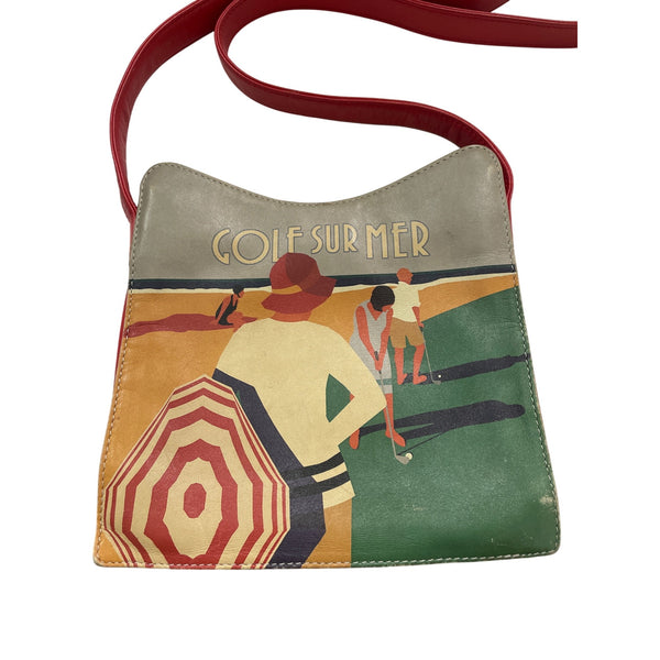 Icon Los Angeles Genuine Leather Bag "Golf Sur Mer" Art Design In Red & Beige