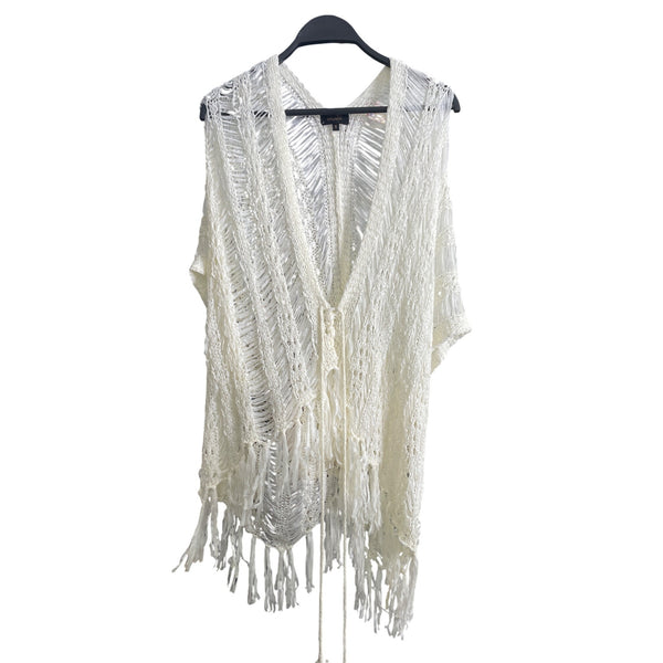 Open Weft Womens White Fringe Knit Cardigan