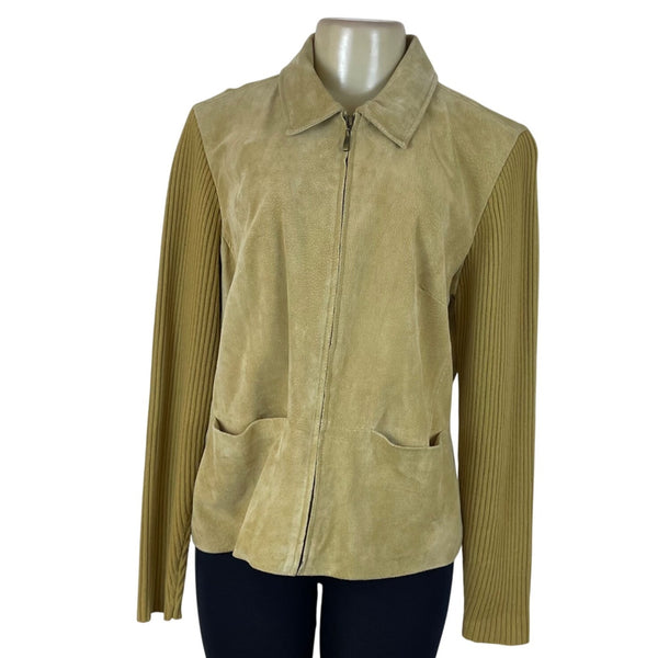 J. Marco Catalog Womens Beige Leather Jacket Zip Front Ribbed Sleeves Size XL