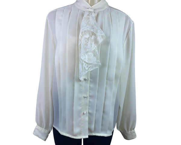 Vintage Laura & Jayne Collection White Pleated Blouse With Lace Tie Neck Sz 12