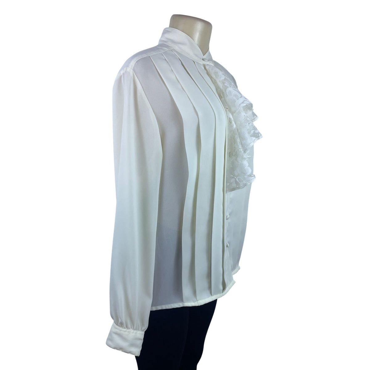 Vintage Laura & Jayne Collection White Pleated Blouse With Lace Tie Neck Sz 12
