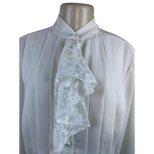 Vintage Laura & Jayne Collection White Pleated Blouse With Lace Tie Neck Sz 12