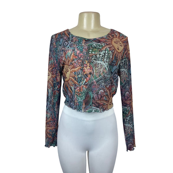 Women's Multicolored Sheer Round Neck Sun Moon Print Blouse Sz L