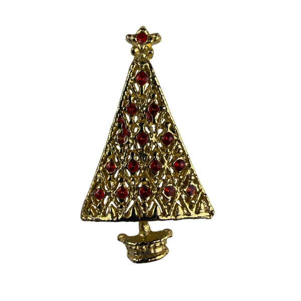 Vintage Gold Tone Christmas Tree Brooch Pin Red Rhinestone Accents Festive Design