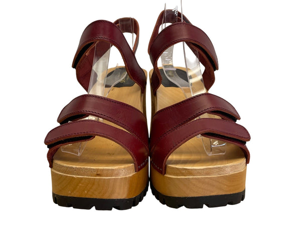 Hasbeens Swedish Women’s Burgundy Leather Wooden Platform Sandals Size US 10