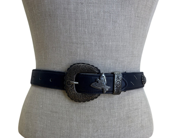 Vintage Black Leather Belt With Silver Ornate Western Buckle & Butterfly Accents