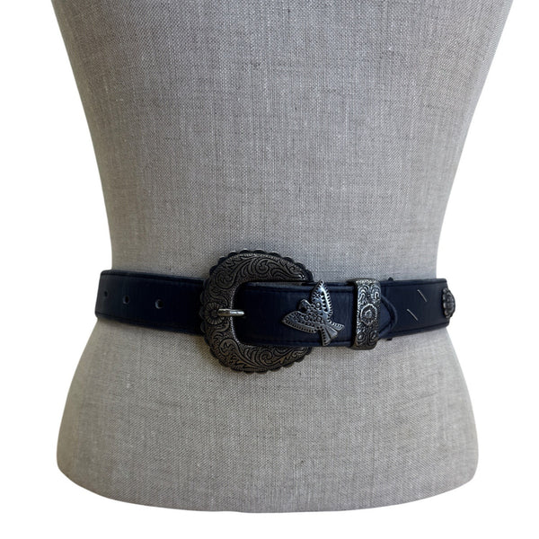 Vintage Black Leather Belt With Silver Ornate Western Buckle & Butterfly Accents
