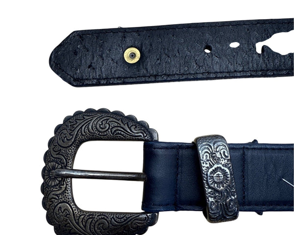 Vintage Black Leather Belt With Silver Ornate Western Buckle & Butterfly Accents