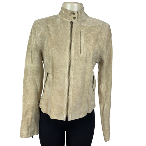 Context Womens Beige Leather Moto Jacket With Zipper Details Sz 6 - New