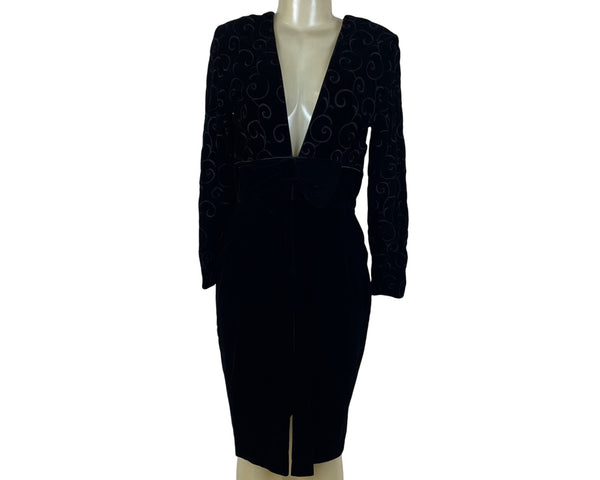 Vintage Maggy London Black Velvet Bow Embroidered Long Sleeve Midi Dress Size 10