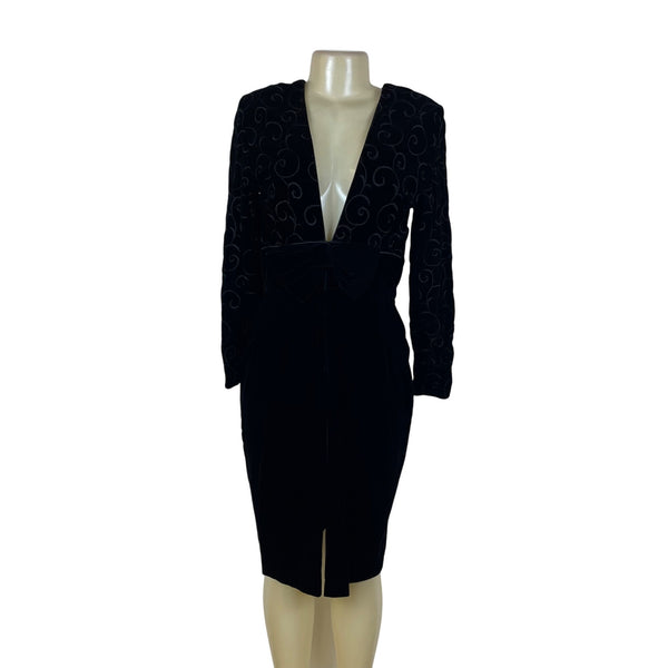 Vintage Maggy London Black Velvet Bow Embroidered Long Sleeve Midi Dress Size 10