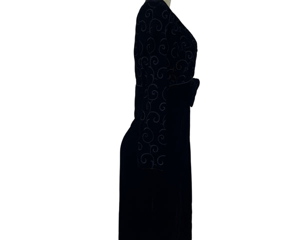 Vintage Maggy London Black Velvet Bow Embroidered Long Sleeve Midi Dress Size 10