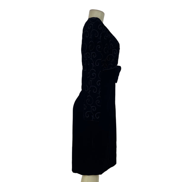 Vintage Maggy London Black Velvet Bow Embroidered Long Sleeve Midi Dress Size 10