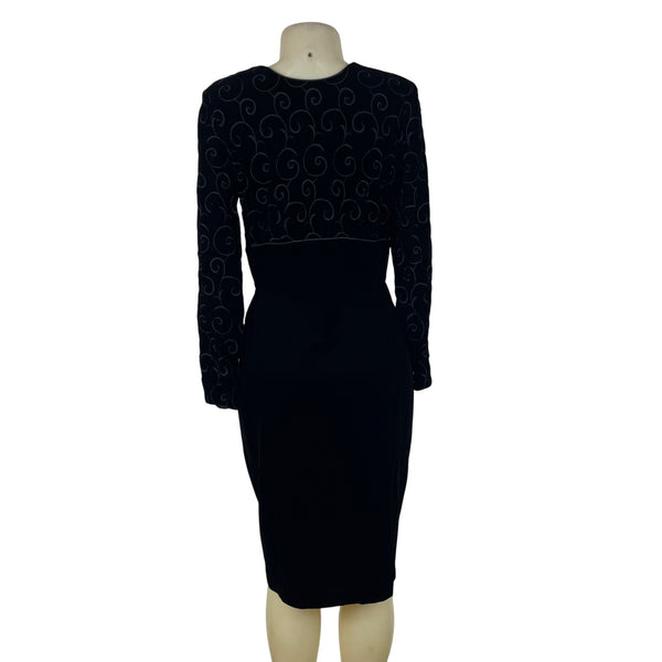 Vintage Maggy London Black Velvet Bow Embroidered Long Sleeve Midi Dress Size 10
