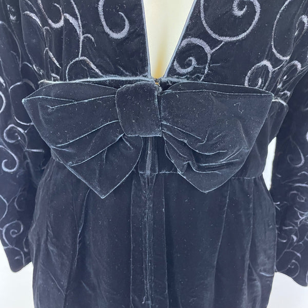Vintage Maggy London Black Velvet Bow Embroidered Long Sleeve Midi Dress Size 10