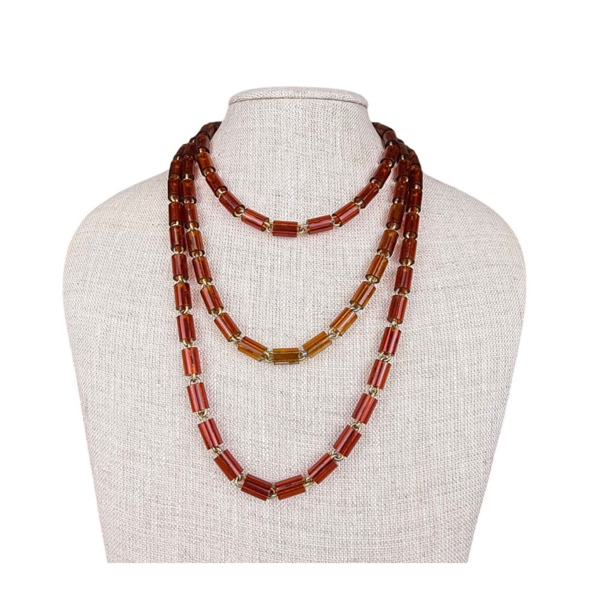 Les Bernard Women's Amber Plastic Bead Necklace Gold Tone Barrel Clasp Vintage