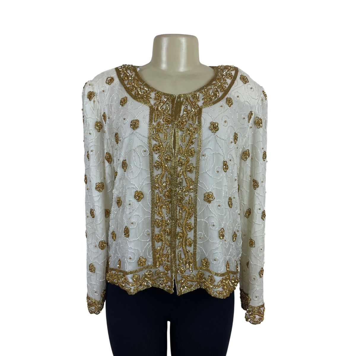 Mark & John Vintage White & Gold Sequined Beaded Jacket With Floral Design Sz XL