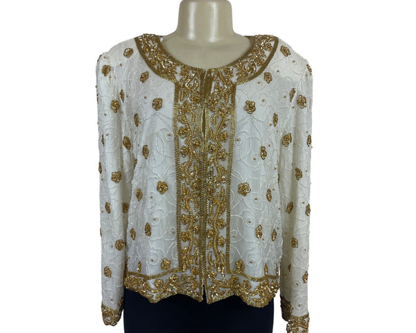 Mark & John Vintage White & Gold Sequined Beaded Jacket With Floral Design Sz XL