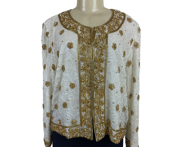 Mark & John Vintage White & Gold Sequined Beaded Jacket With Floral Design Sz XL